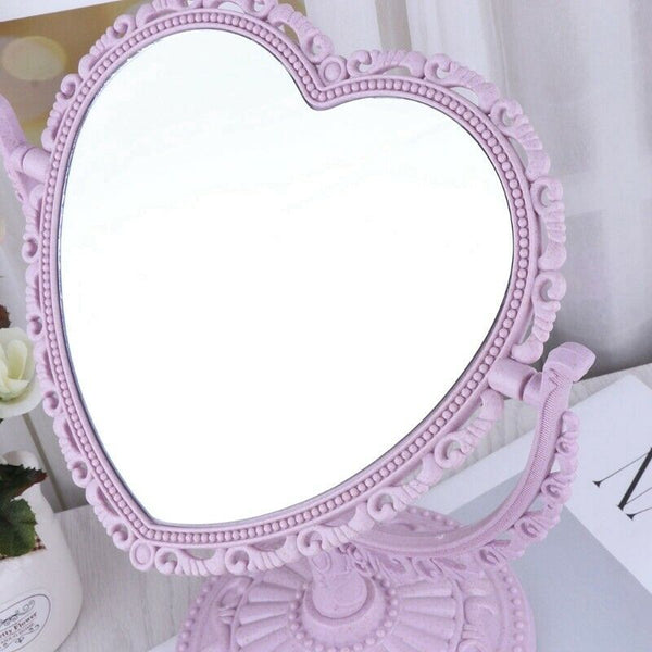Beige Makeup Mirror Heart Shape Rotatable Stand Table Compact Mirror Plasti Z7L7