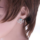 Women Alloy Retro Turquoise Petal Hollowed Leaves Pierced Stud Earrings