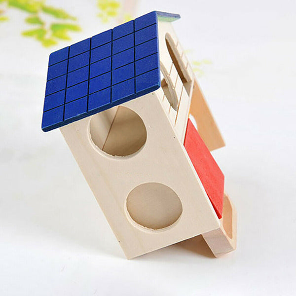 Cute 2 Layers Wooden Hamster Sleeping Grinding Pet House with Feeding Trough Del