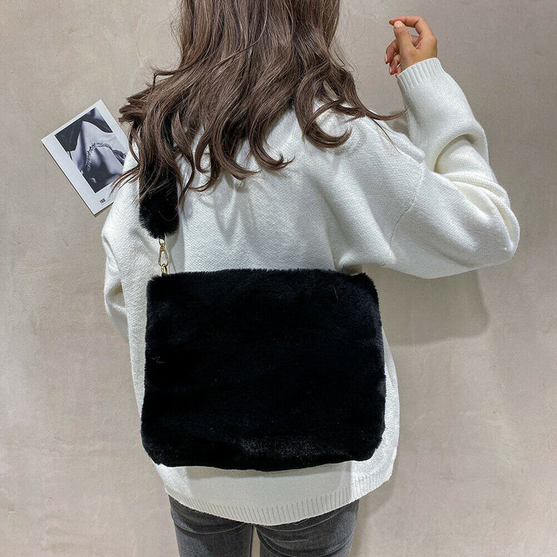 Women Plush Messenger Bag Big Capacity Fluffy Shoulder Handbags (Black)