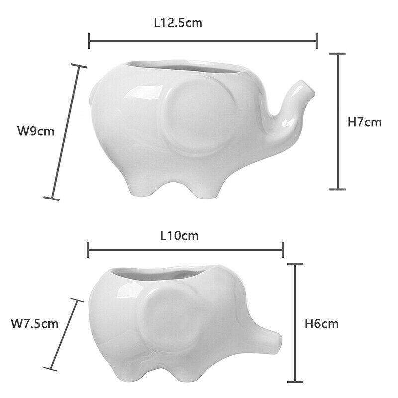 Set of 2 Cute Elephant White Ceramic Flower Pot with Tray for Succulents Ca S8K5