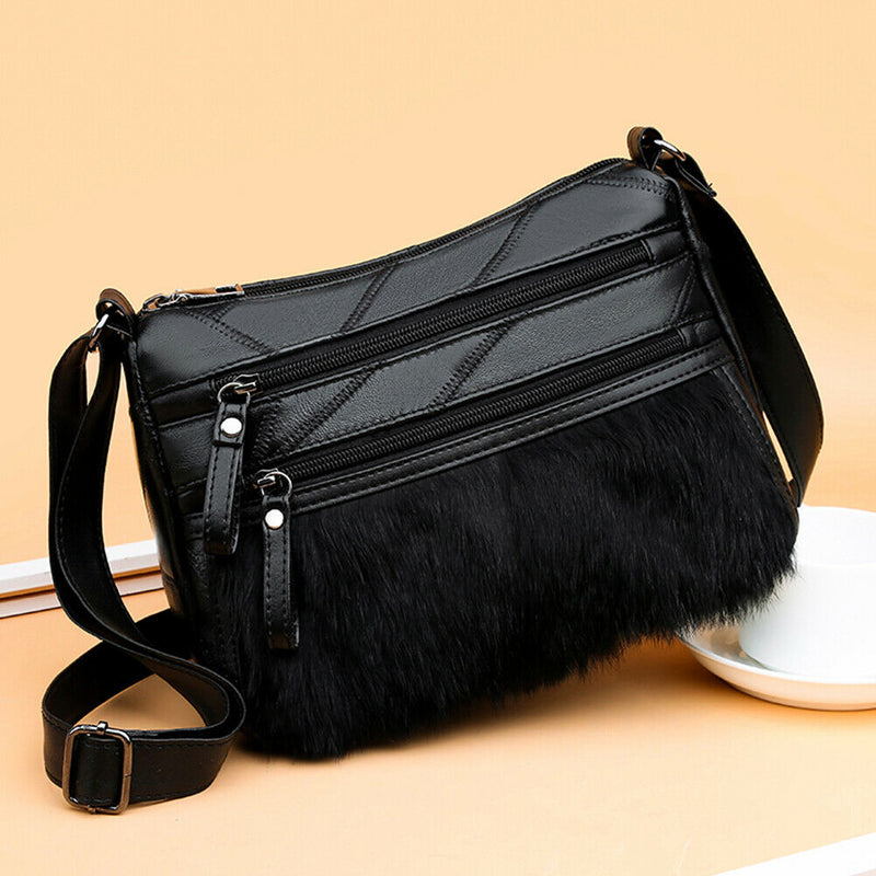 Fashion Women Splicing PU Rabbit Shoulder Bag Multi-pocket Messenger Purse
