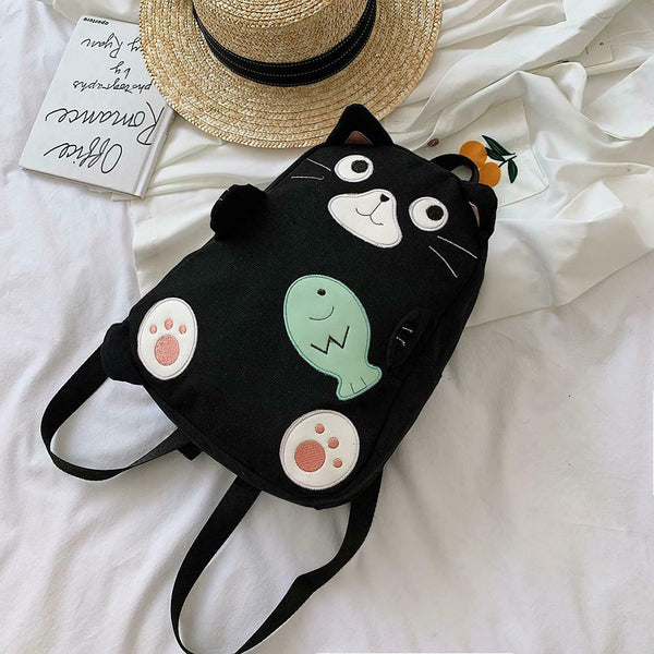 Fashion Cat Print Travel Backpacks Women Canvas Shoulder Top-handle Bags