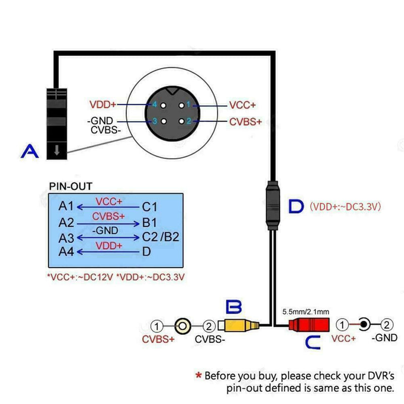 23 in Car Backup Reverse Camera 4 Pin Male To RCA Female Power Adapter Q0I6