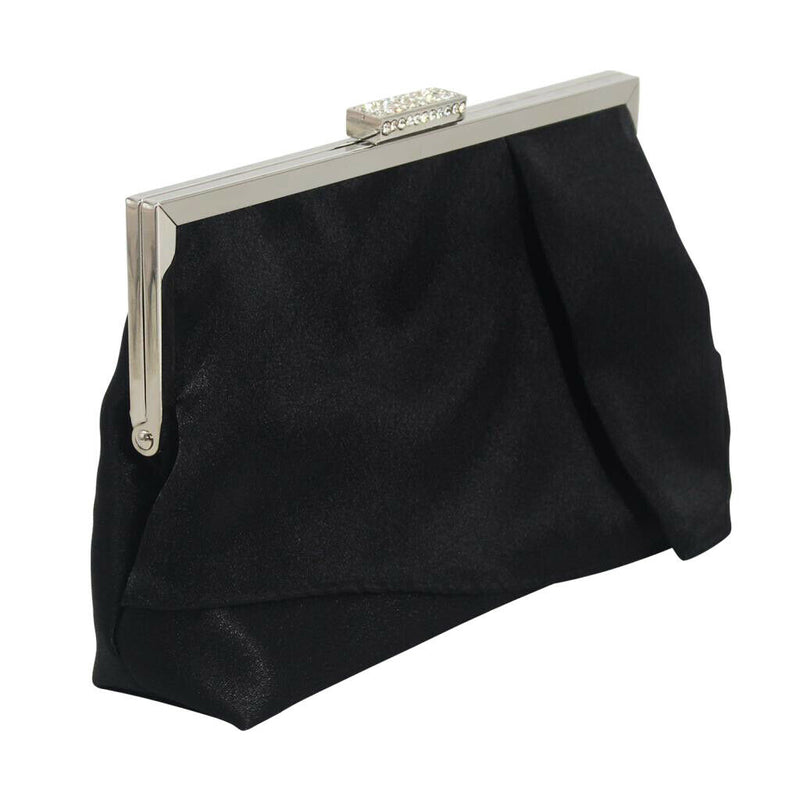 Black Satin Crystal Clustered Buckle Evening Clutch Bag Handbag Prom Purse