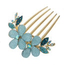Womens Floral Design Alloy Rhinestone Crystal Hair Clip Comb (Blue) E9K7