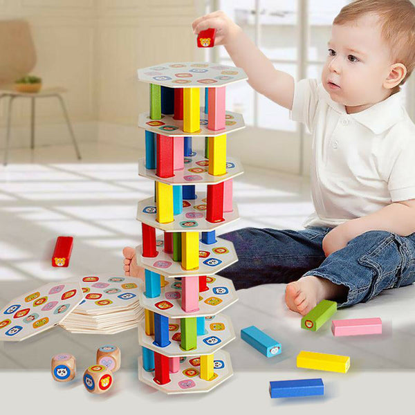 Colored Wooden Tower Stacking Game, Fine Motor Skill Building Blocks with Dice