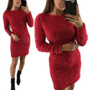 Women Long-Sleeved Bodycon Clubwear Ladies Plush Solid Color Dress (Red M)