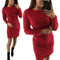 Women Long-Sleeved Bodycon Clubwear Ladies Plush Solid Color Dress (Red M)