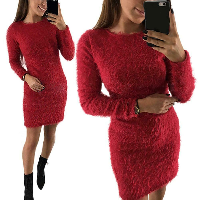Women Long-Sleeved Bodycon Clubwear Ladies Plush Solid Color Dress (Red M)