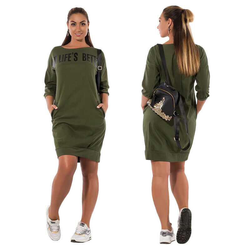 Autumn Winter Women's Large Size Dresses Casual Elegant Style Pockets Lette I6B7
