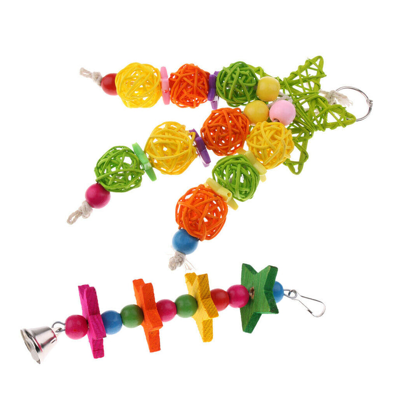 2 Pieces Hanging Parrot Chewing Toys with A Bell - Multicolored Wooden Blocks