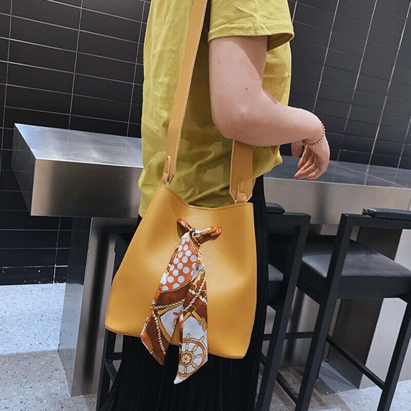Women'S Scarf Bucket Bag Pu Leather Messenger Bag Ladies Single Shoulder Mo C2Z9