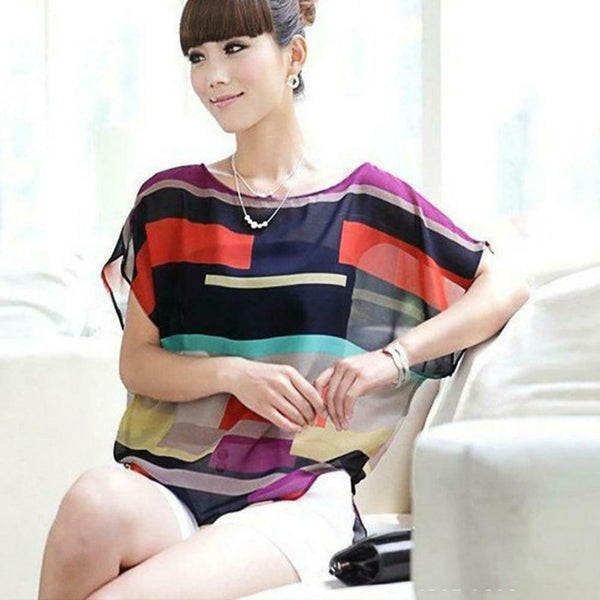 Short Bat Sleeve Stripes Splicing Women Blouse Summer Chiffon Tops (XL)