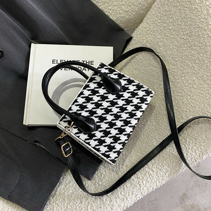 Retro Plaid Shoulder Crossbody Bag Women PU Portable Totes Handbags (Black)