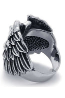Jewelry biker men's rings, stainless steel, retro angel wings, black + silv
