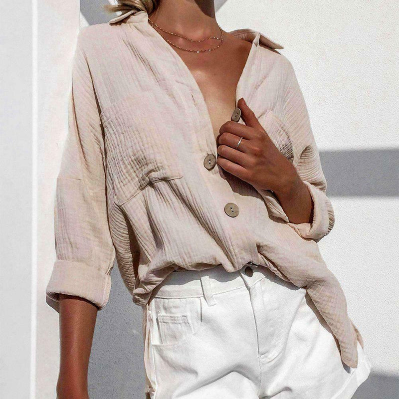 Long Sleeve Blouse Women Turn Down Collar Plain Cardigan Tops (Khaki XL)