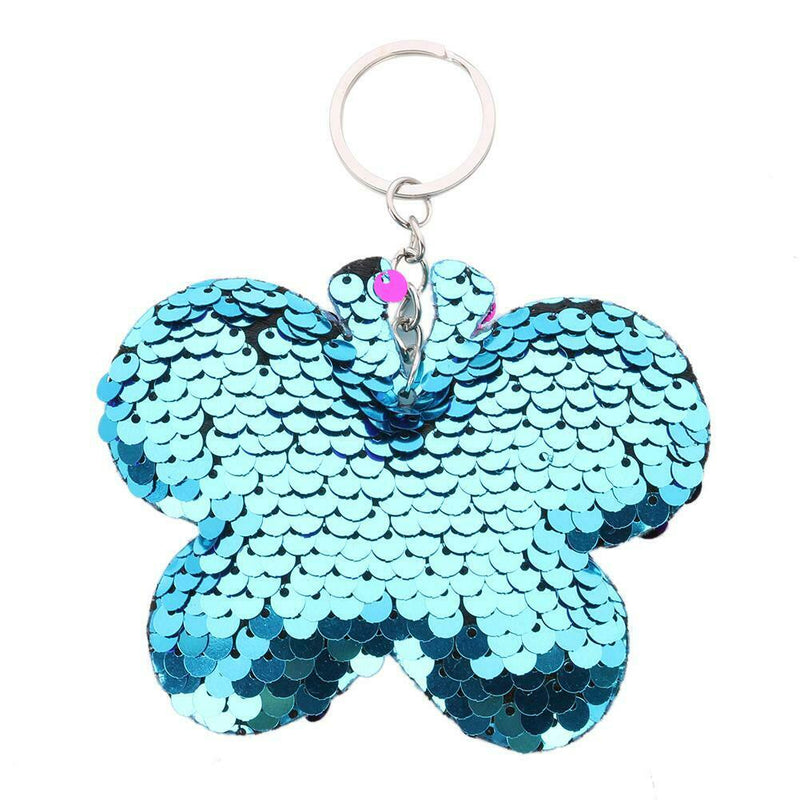 Butterfly Keychain Glitter Sequins Key Ring Women Car Bag Pendant (Blue) A