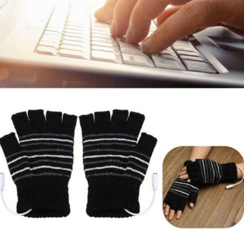 Unisex 5V 1 Pair Winter Knitted USB Electric Heat Thermal Gloves Black & White