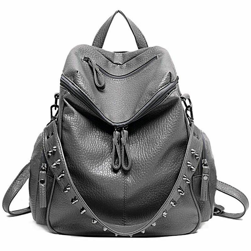 Women Backpack Purse 3 ways PU Washed Leather Rivet Studded Ladies Rucksack R6W7