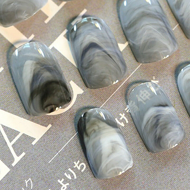 24 pcs Grey Marble fingernail tips Short False Nails Acrylic Full Cover New Hot