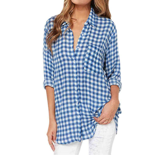 Cotton Plaid Long Sleeve T-shirt Lapel Single-breasted Women Blouse (M)