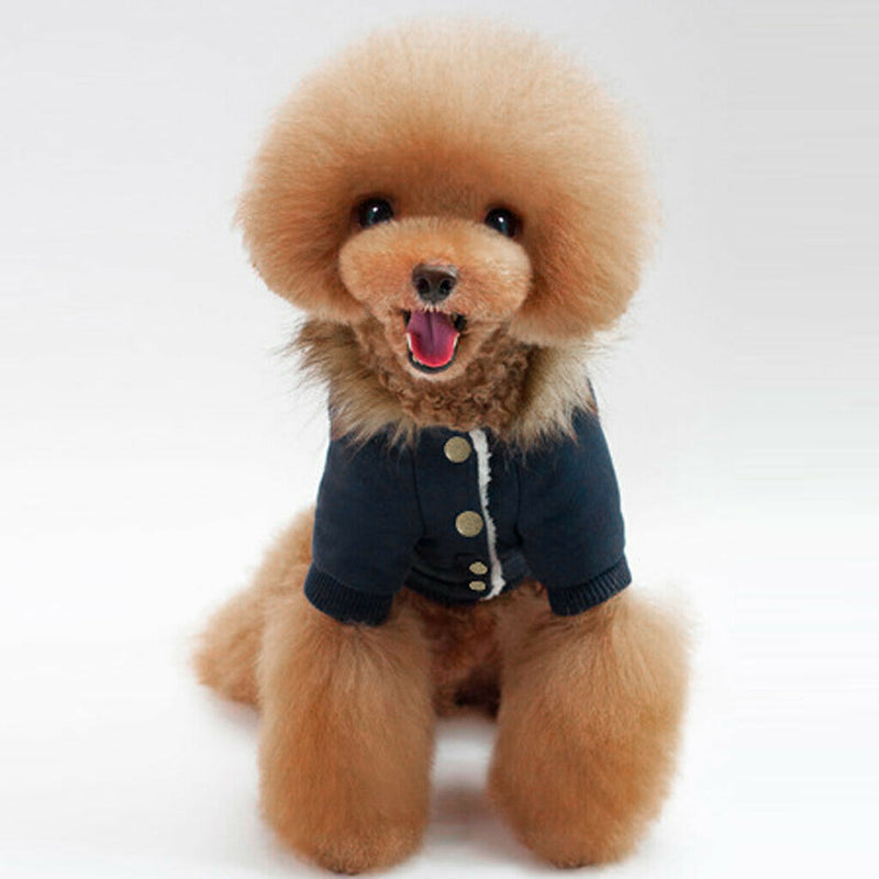 Autumn Winter Pet Dog Horn Buckle Hooded Pocket Thick Warm Coat Blue