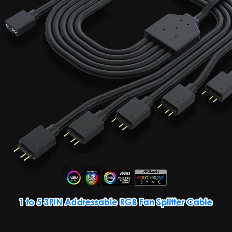 1 to 5 3PIN Addressable RGB Fan Splitter Cable Cord for Chassis PC Case CPU