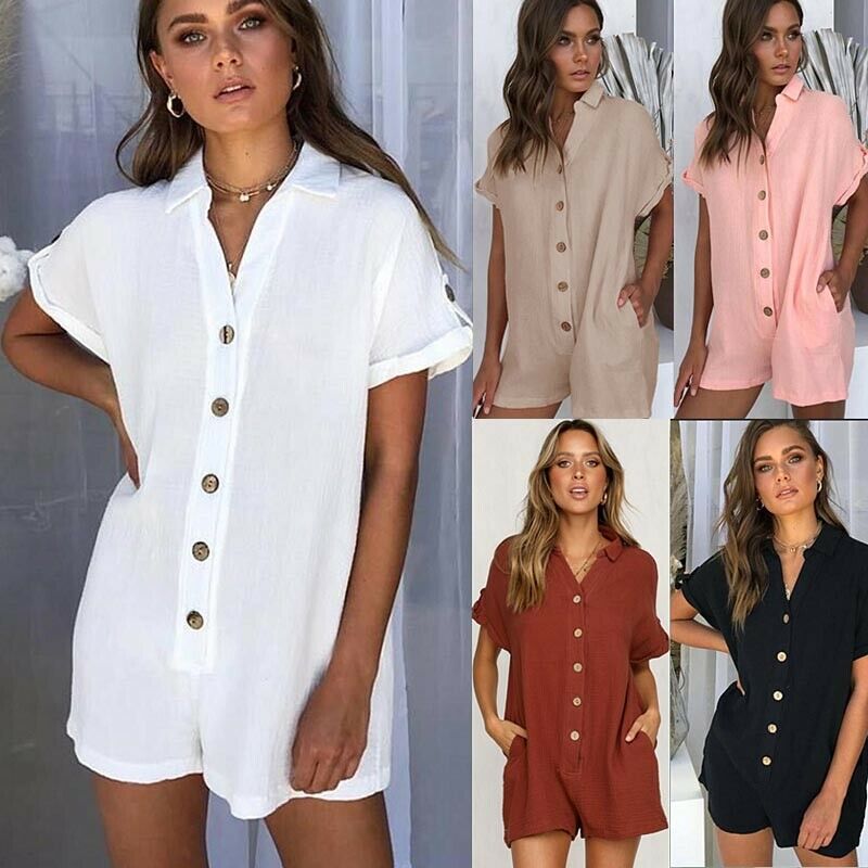 Summer Short Sleeve Jumpsuit Linen Button Playsuit Women Solid V-Neck Casua H9M5