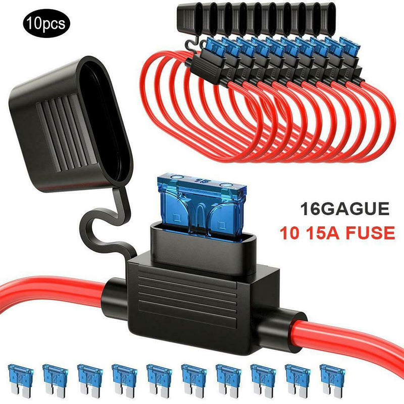 10 Pcs TAP Adapter 16 Gauge 15AMP Blade Automotive Fuse Holder Waterproof