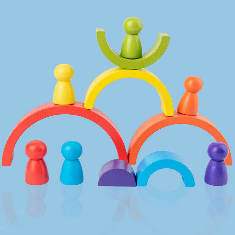 12Pcs Wooden Rainbow Stacking Blocks Fun Building Nesting Toys for Kids Boys
