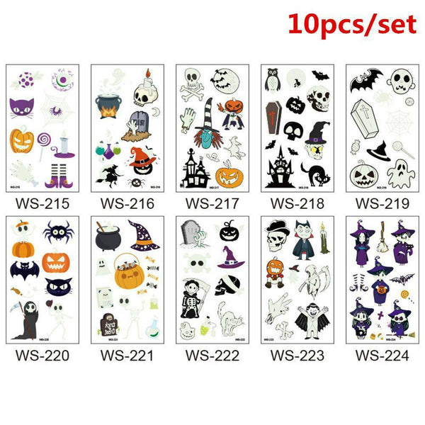 10x Halloween Luminous Tattoo Stickers Waterproof Temporary Tattoo Stickers