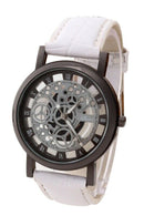 (White Strap & Black Dial) Men's Faux Leather Band Wrist Skeleton Watch