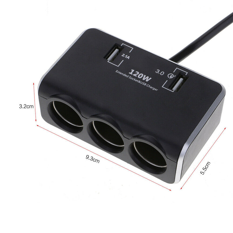 3 Sockets Cigarette Lighter Quick Charge 3.0 Car Charger Splitter Adapter Black