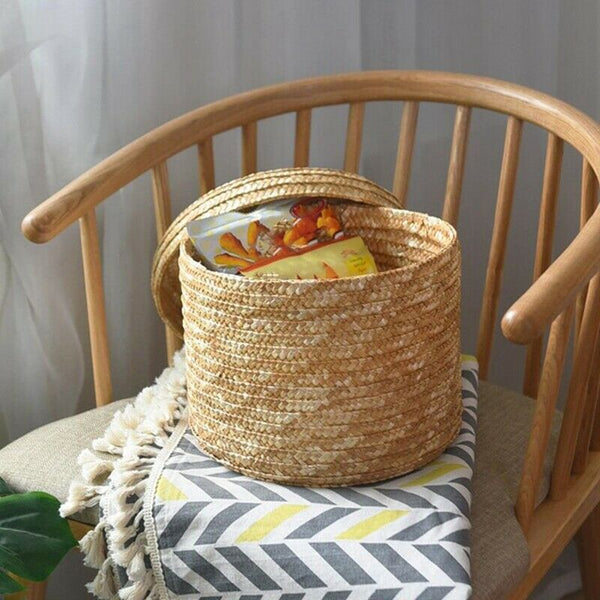 3 Pcs/Set Handmade Straw Woven Storage Basket With Lid Snack Organizer Stor B9S3