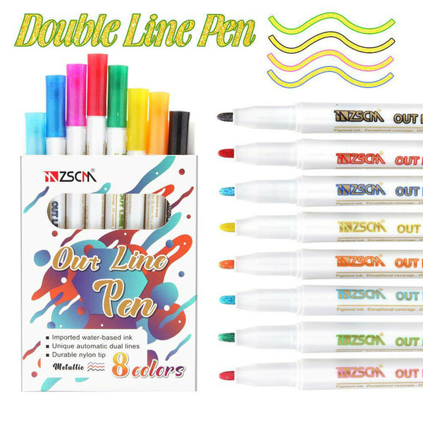 8 Colors Self Outline Metallic Markers Double Line Pen Greeting Card Drawing