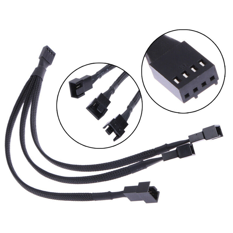 4 pin PWM Fan Cable 1 to 3 ways  Splitter Black Sleeved Extension Cable