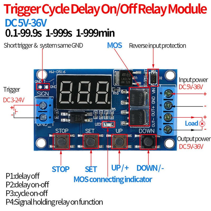 LED DC 5V~36V Dual MOS Control Cycle Trigger Timer Delay Relay Module  Pz