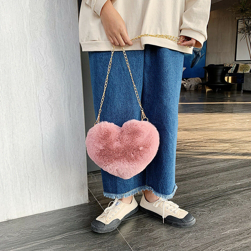 Heart Shape Messenger Bag Women Girl Plush Chain Shoulder Handbag (Bean)