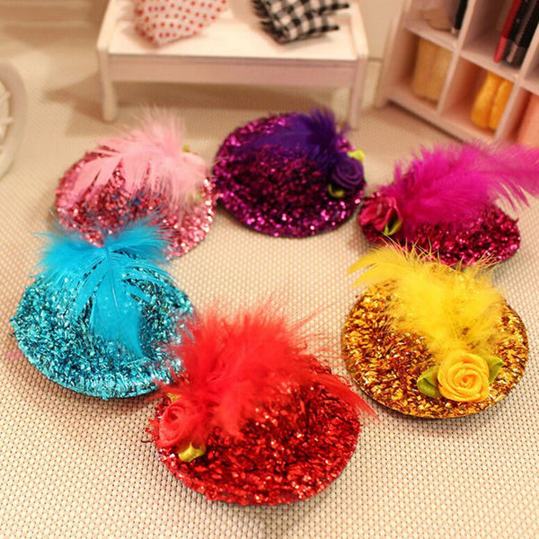 Mini Hats Hair Clip Girl Feather Hairpin Shiny Cap Bobby Pin Random Color MTC Kw