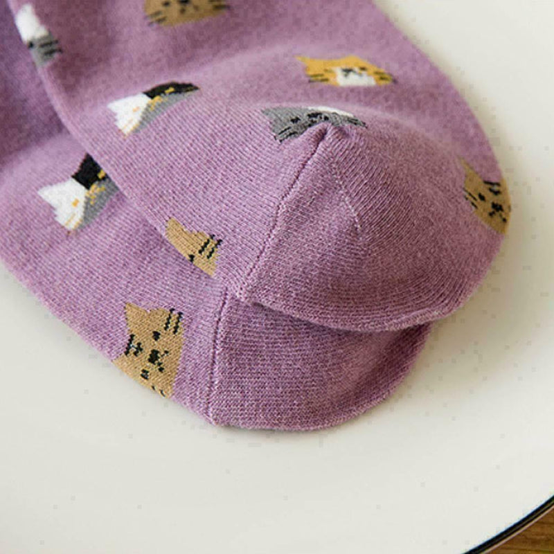1 Pair Women Cute Cat Pattern Cotton Socks Anti-slip Multi-colo Breathable P8E4