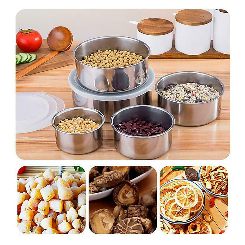 5PC Stainless Steel Round Sealed Crisper Fresh Bowls Food Beans Storage Bowl Box