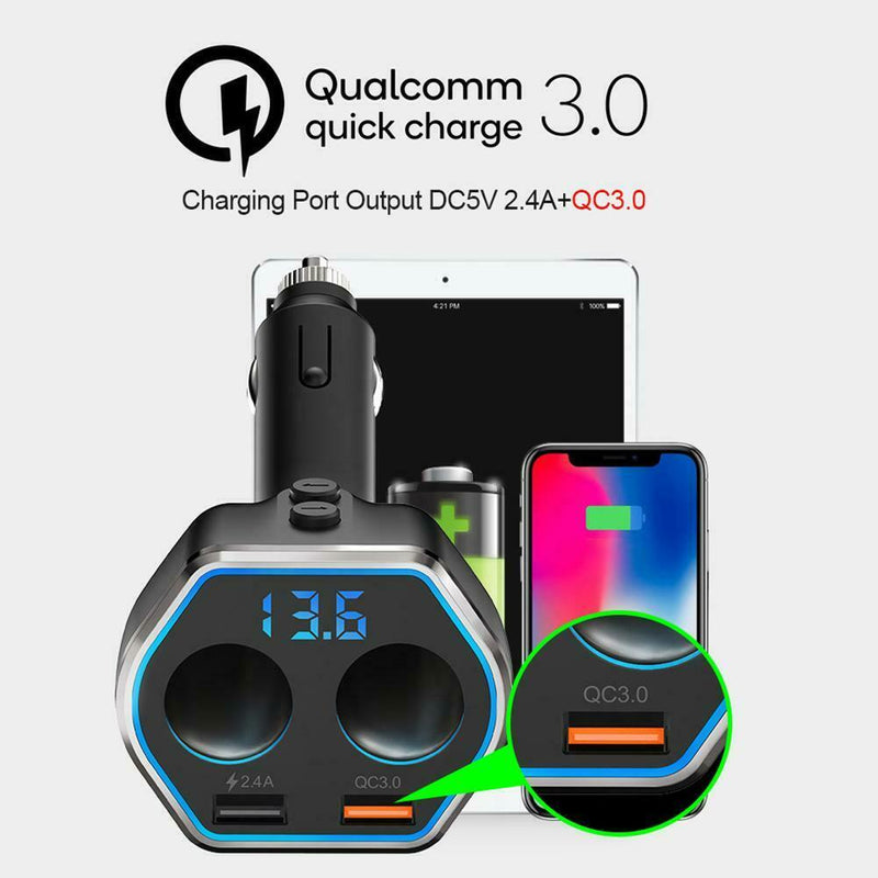 A21Q Dual USB 5V 2.4A QC3.0 LED Digital Car Phone Charger w/Lighter Sockets A