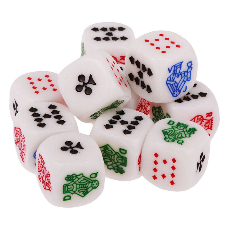 10 Pieces 12mm/0.47inch Acrylic 6-Sided Poker Dice With Symbols A K Q J 10 9