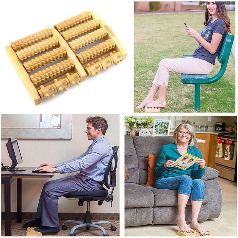 Large Dual Foot Massager Roller Rows Feet Care Relax Wood Bamboo Stress Massage