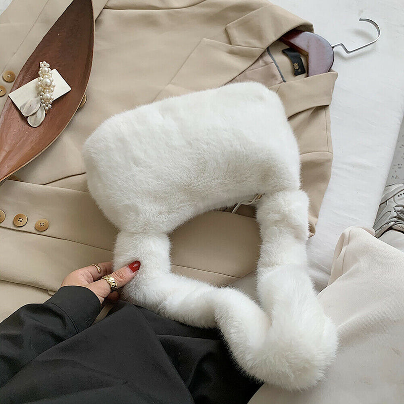 Women Fluffy Shoulder Bag Solid Plush Handbags Female Winter Totes (White)