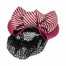 Red White Striped Polyester Double Bowknot Barrette Hair Clip Snood Net Q1F7