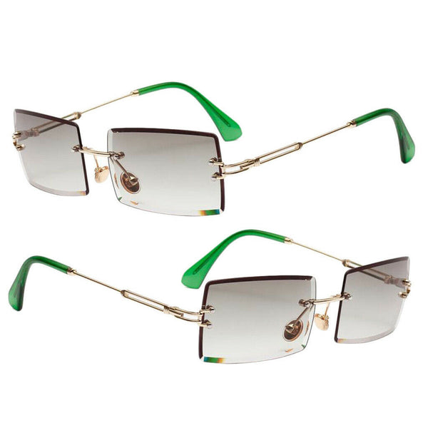 2Pack Stylish Rectangle Cut Rimless Sunglasses Tinted Lens Eyewear Shades Green