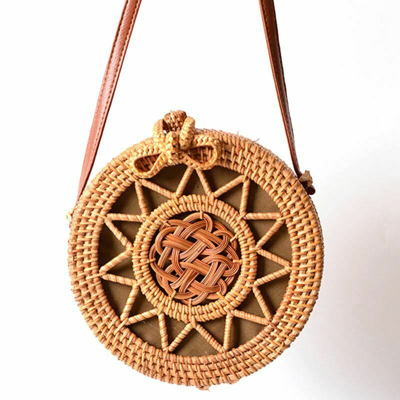 Woven Rattan Bag Round Straw Shoulder Bag Small Beach Handbags Women Summer B2R7