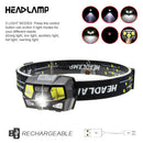 2sets USB Rechargeable Lightweight Motion Sensor 5 Modes LED Headlamp Working
